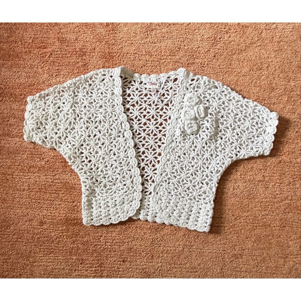 Justice White Crochet Knit Cardigan Girls Size 12/14 adult XS Floral Detail
